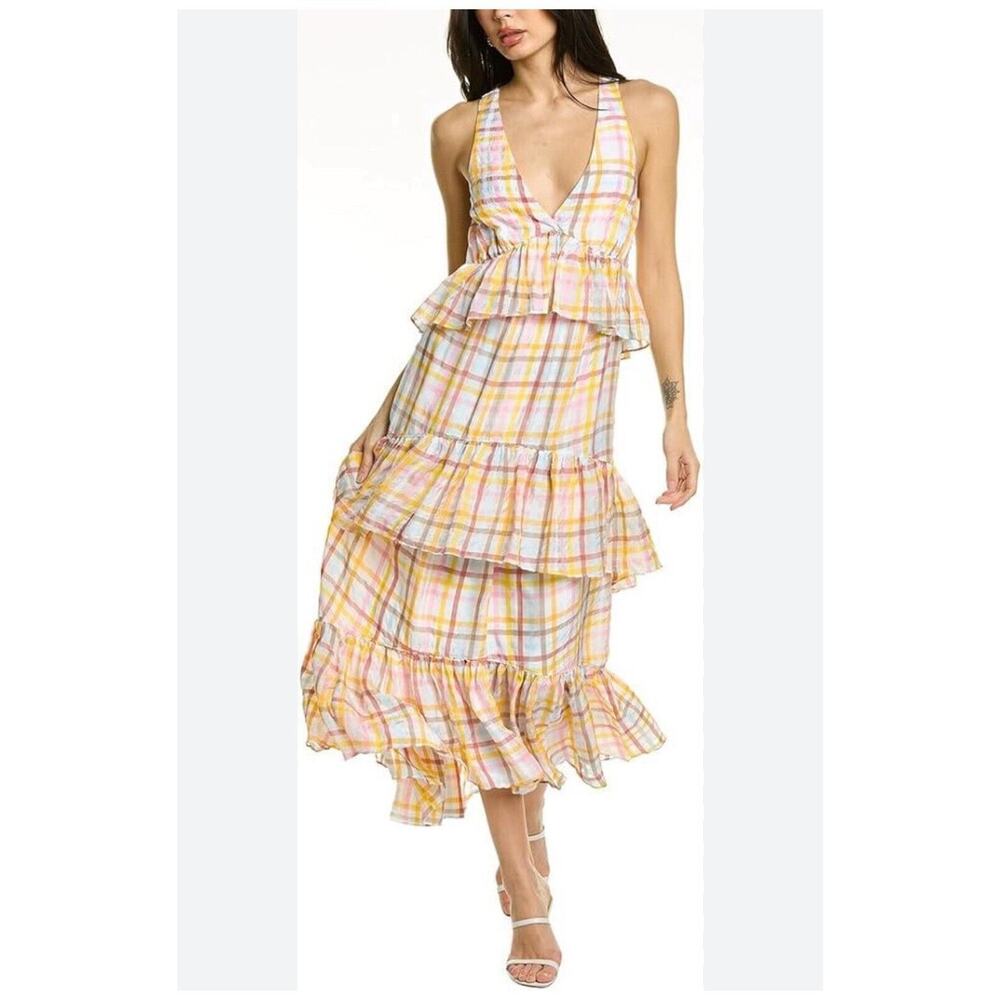 Cinq a Sept Astor Sleeveless Ruffle Tiered Pastels Check Plaid Maxi Dress Sz 8